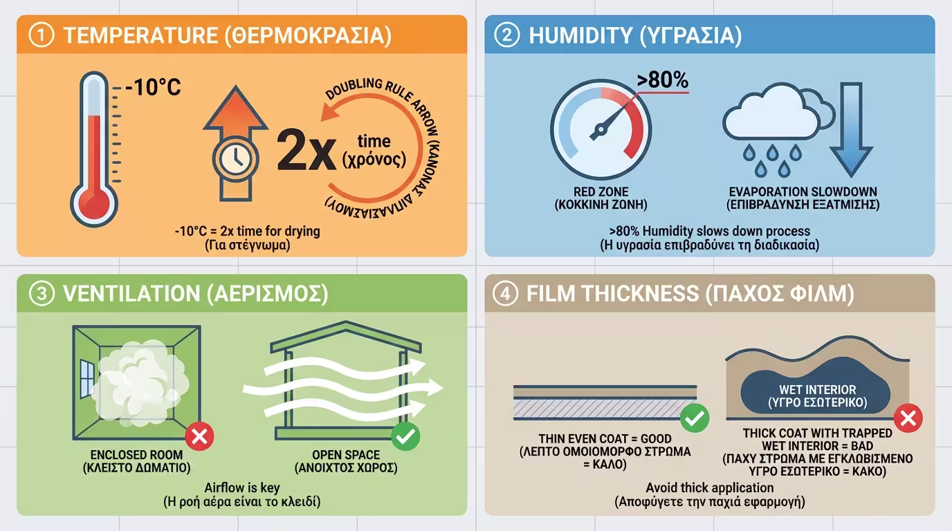 Ινφογκράφικ: Θερμοκρασία, Υγρασία, Αερισμός, Πάχος στρώσης - πώς αλλάζουν τους χρόνους.