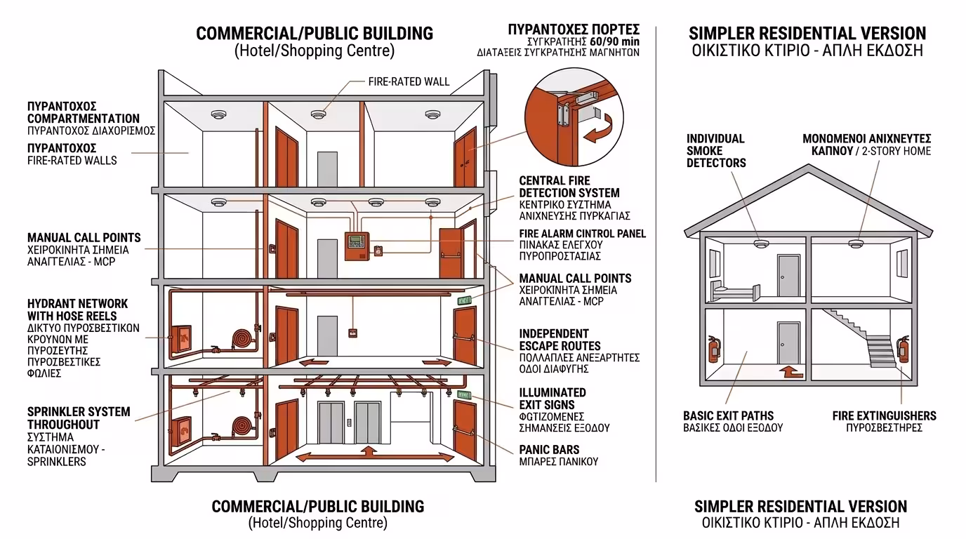 Επαγγελματικοί χώροι: αυτόματες πυράντοχες πόρτες, sprinklers, πυρανίχνευση, εναλλακτικές οδοί διαφυγής