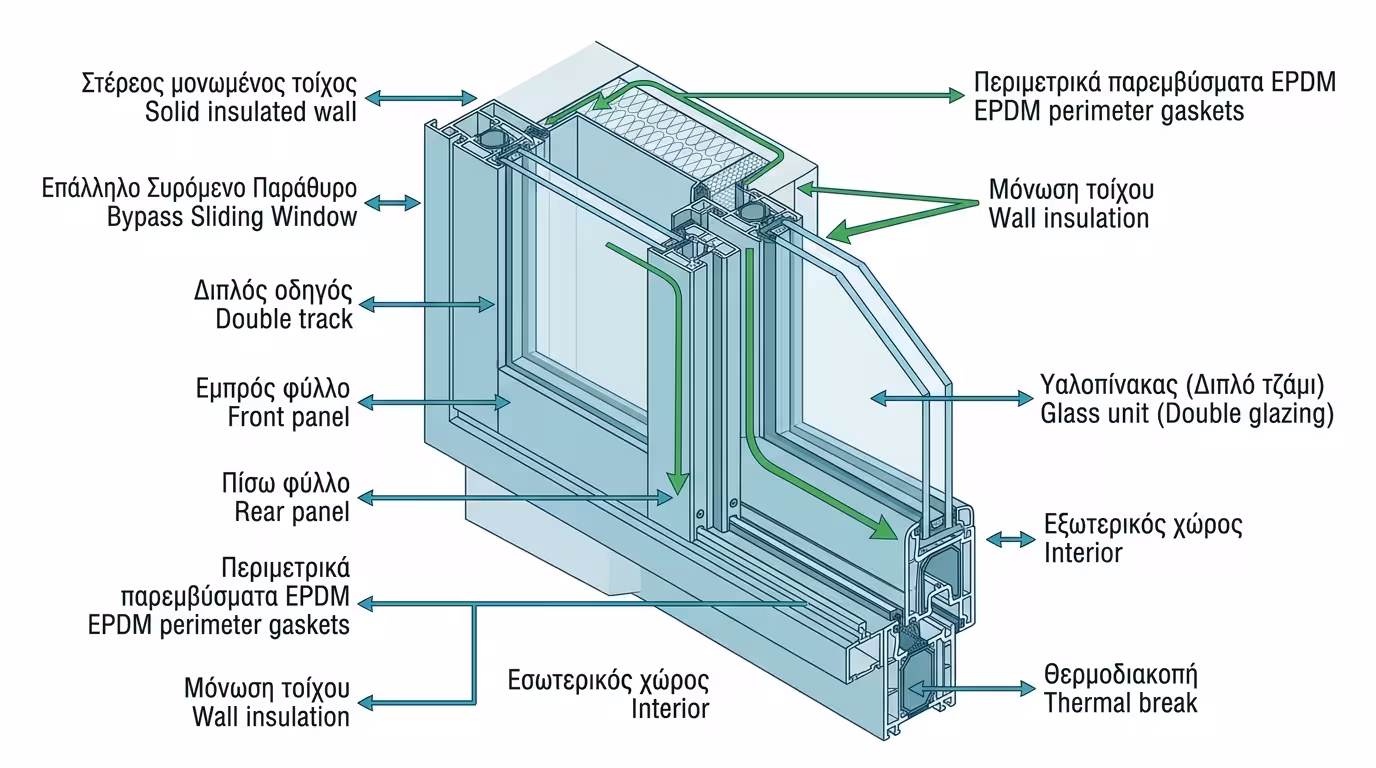 Επάλληλο συρόμενο - δύο φύλλα σε διπλό οδηγό, bypass slider