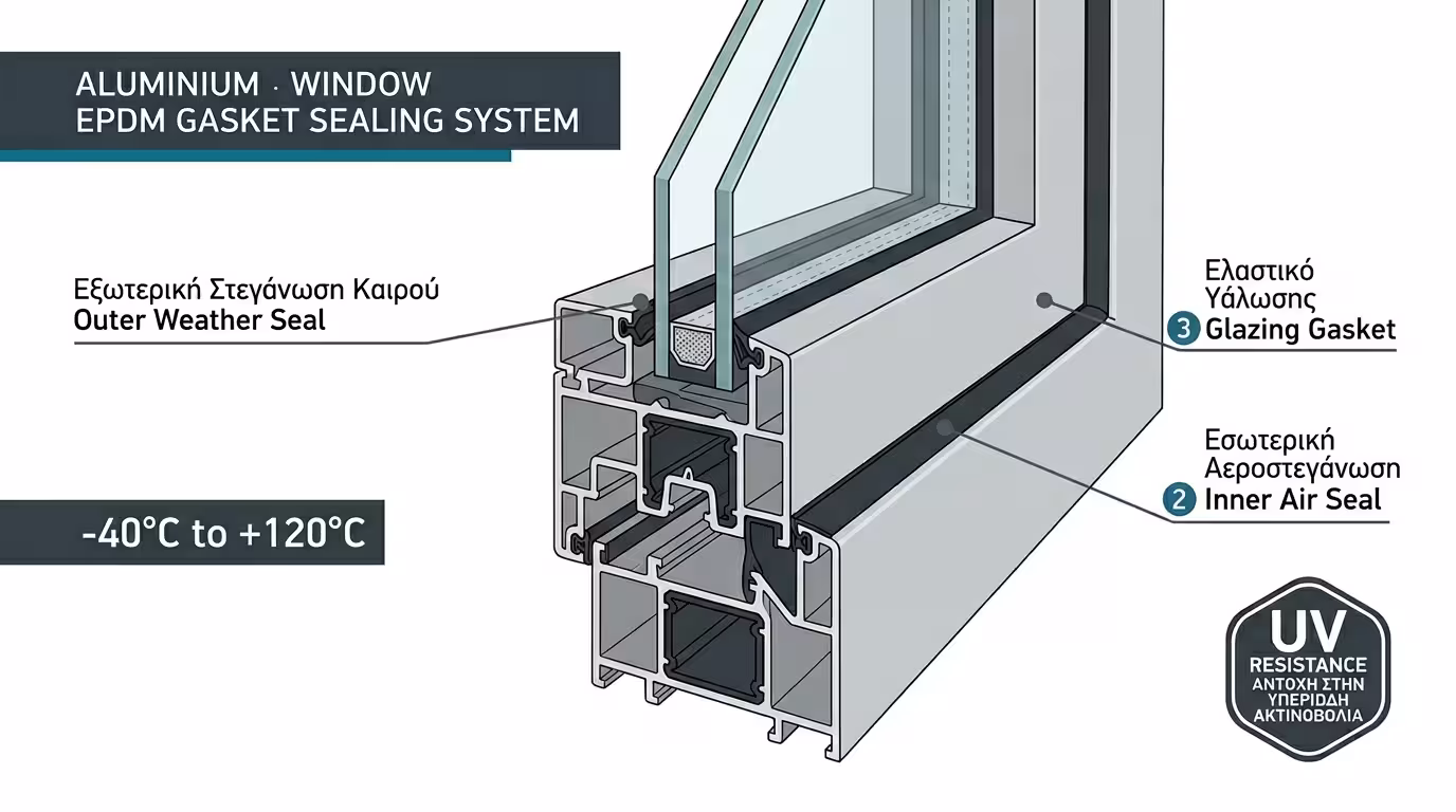 Λάστιχο EPDM περιμετρικής στεγάνωσης σε προφίλ αλουμινίου