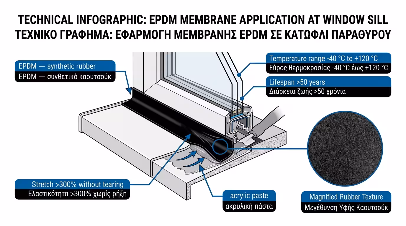 Μεμβράνη EPDM - μαύρο συνθετικό καουτσούκ για στεγάνωση κατωφλιού κουφώματος