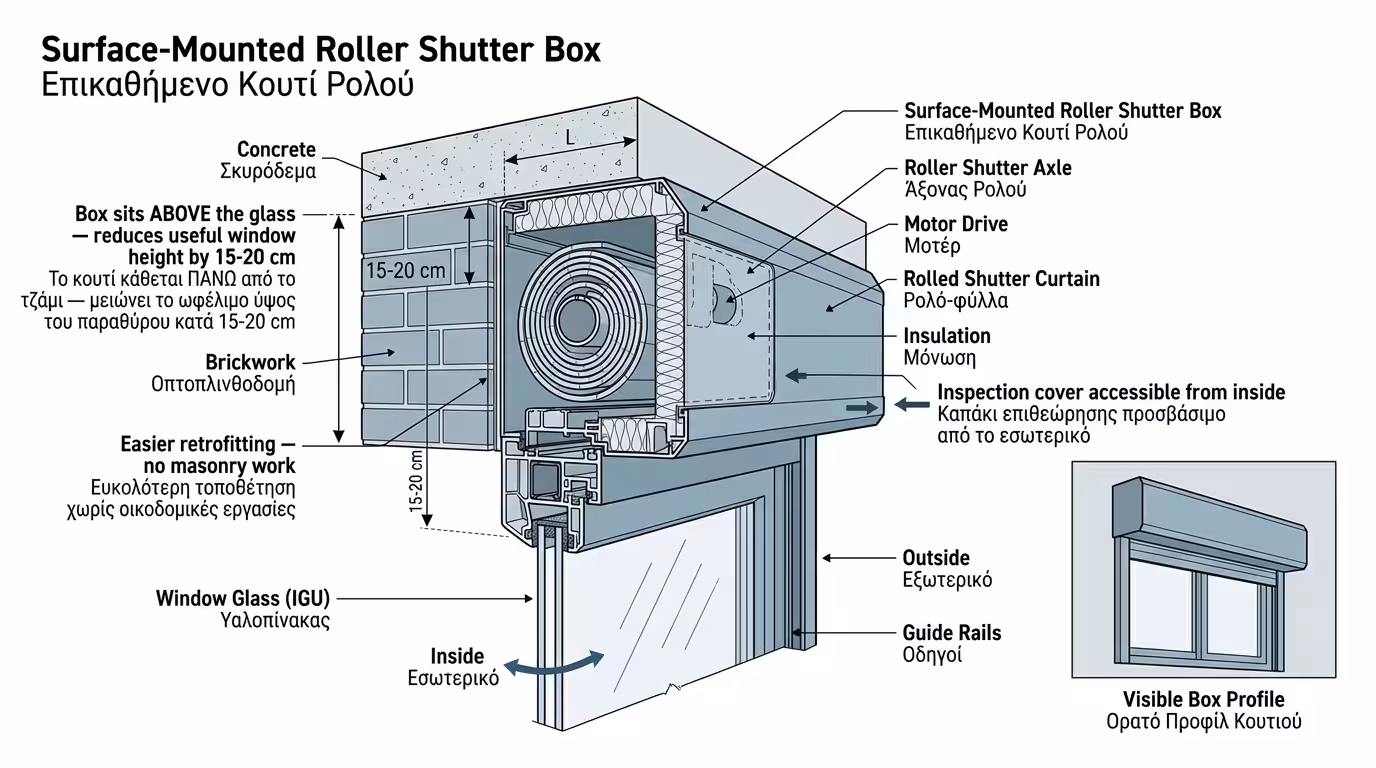 Επικαθήμενο κουτί ρολού - ενσωματωμένο στο άνοιγμα του τοίχου πάνω από το κούφωμα