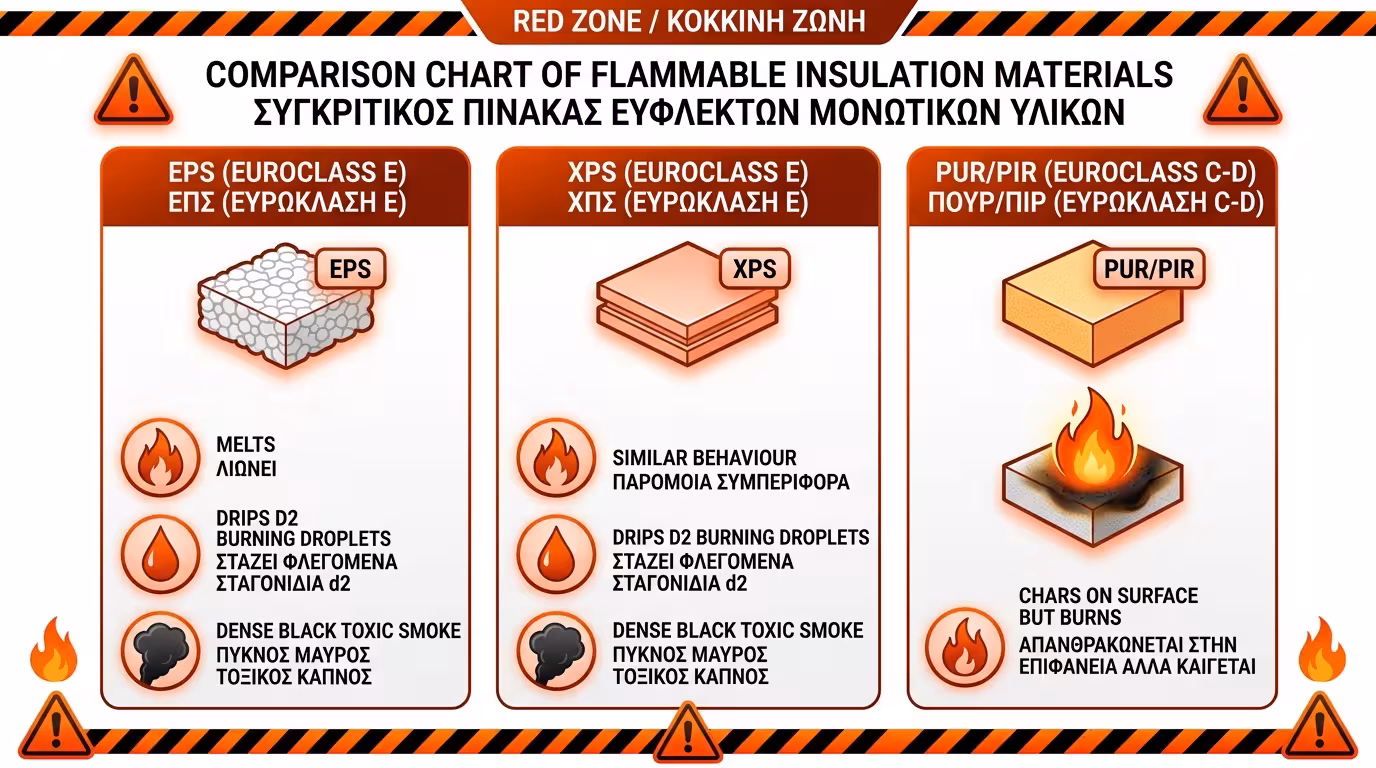 Εύφλεκτα μονωτικά: EPS E, XPS E - λιώνουν, στάζουν, παράγουν τοξικό καπνό