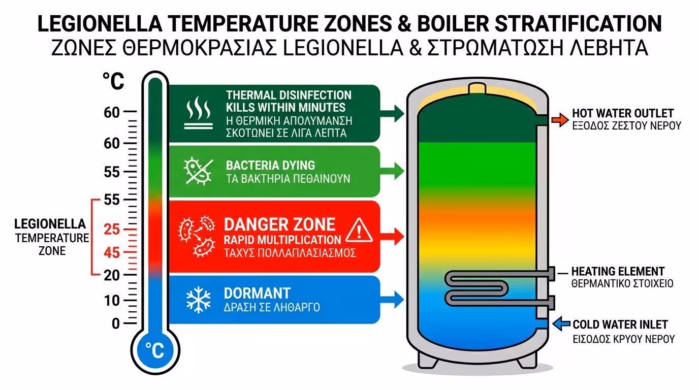 Θερμοκρασιακή ζώνη ανάπτυξης Legionella – μπόιλερ αντλίας θερμότητας, 25-45°C
