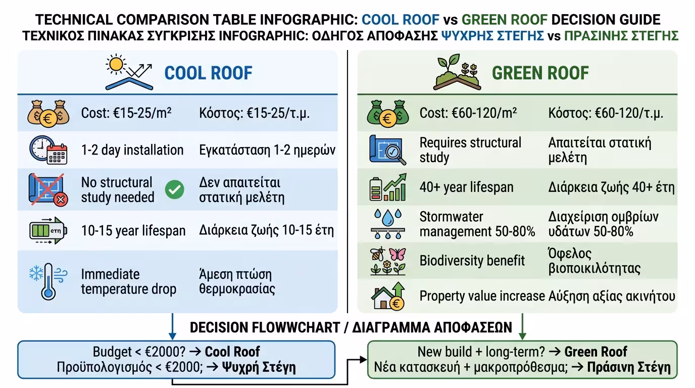 Επιλογή cool roof ή πράσινη στέγη - σύγκριση κόστους, αποτελέσματος, διάρκειας ζωής