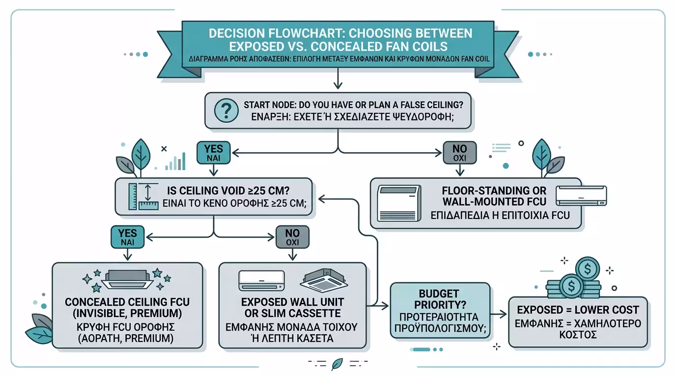 Κριτήρια επιλογής Fan Coil - ύψος ψευδοροφής, αισθητική, κόστος, χρήση δωματίου