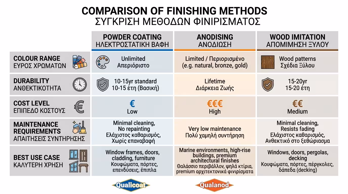Σύγκριση μεθόδων βαφής αλουμινίου - ηλεκτροστατική, ανοδίωση, απομίμηση ξύλου