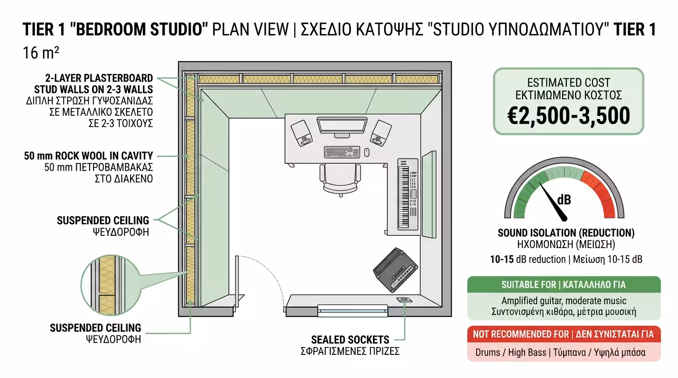 Bedroom Studio: ψευδοτοιχίες γυψοσανίδας 2 στρώσεων, πετροβάμβακας, αναρτημένη οροφή - ~3.500€