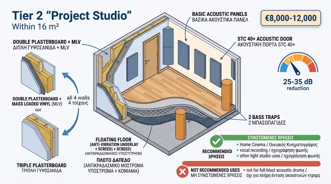 Project Studio: διπλή γυψοσανίδα + MLV, πλωτό δάπεδο, ηχοπόρτα - ~8.000-12.000€