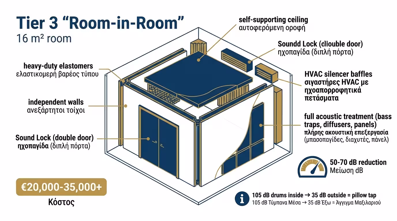 Room-in-Room: αυτοφερόμενο κουτί, Sound Lock, σιγαστήρες HVAC - 20.000-35.000€+