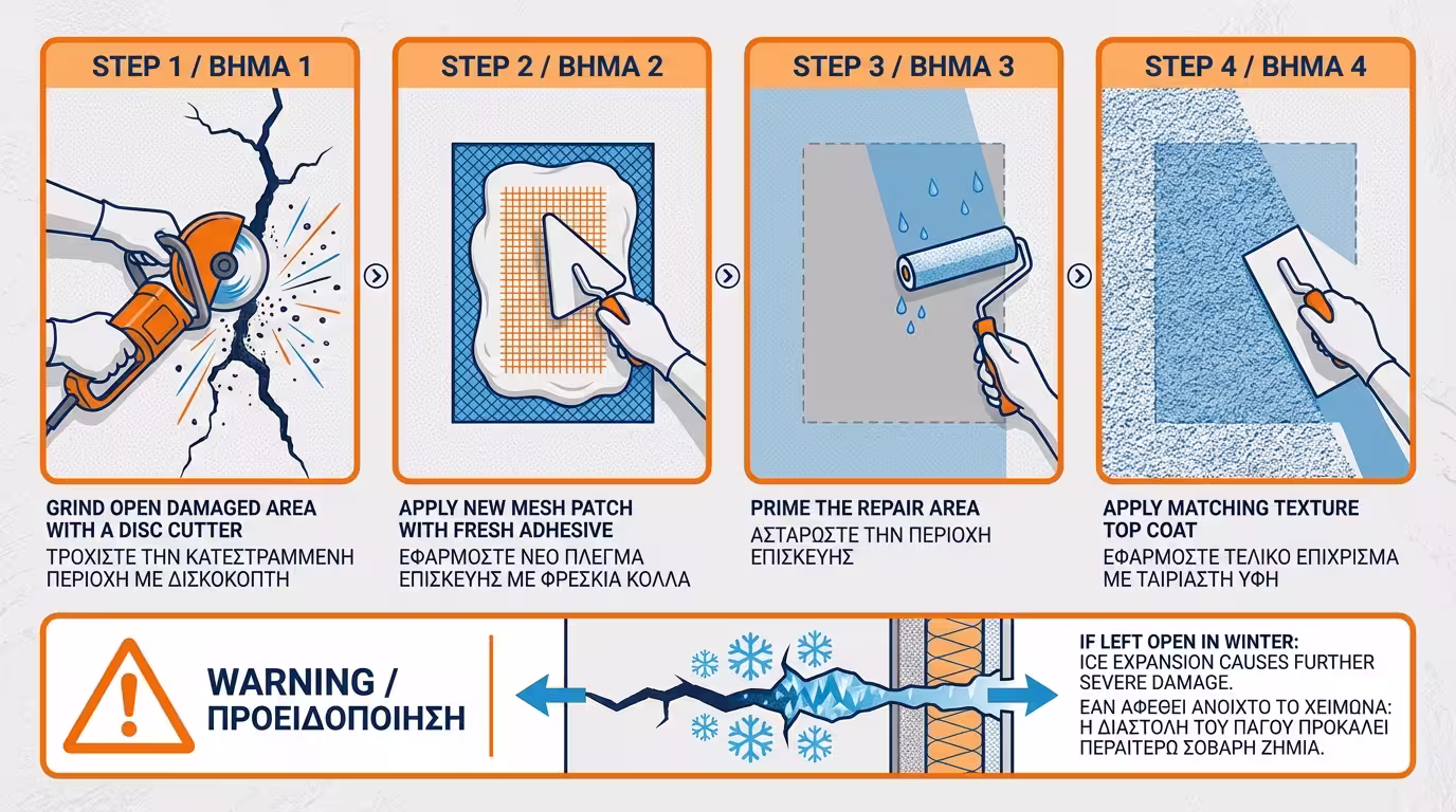 Επισκευή ETICS: τροχός, νέο δίχτυ, νέος σοβάς