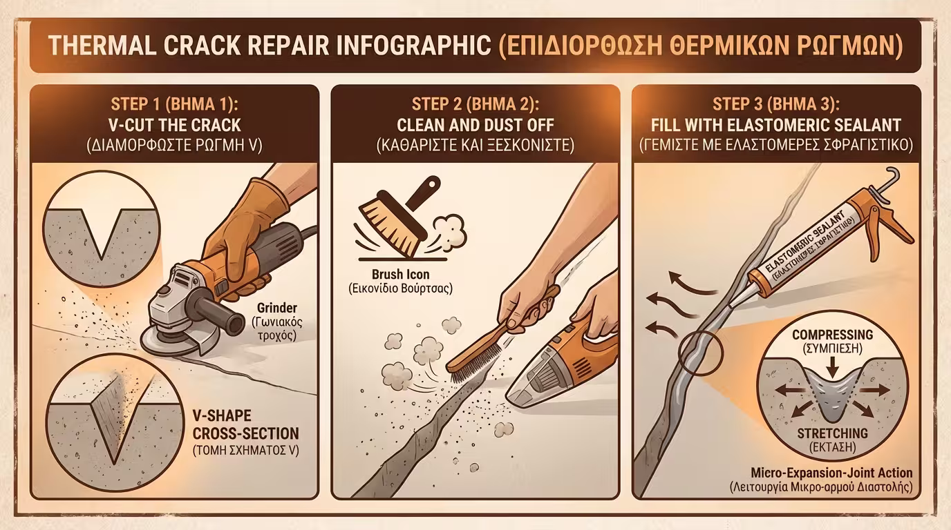 3 βήματα επισκευής θερμικής ρωγμής: V-cut με τροχό, καθαρισμός, γέμισμα με ελαστομερή μαστίχη
