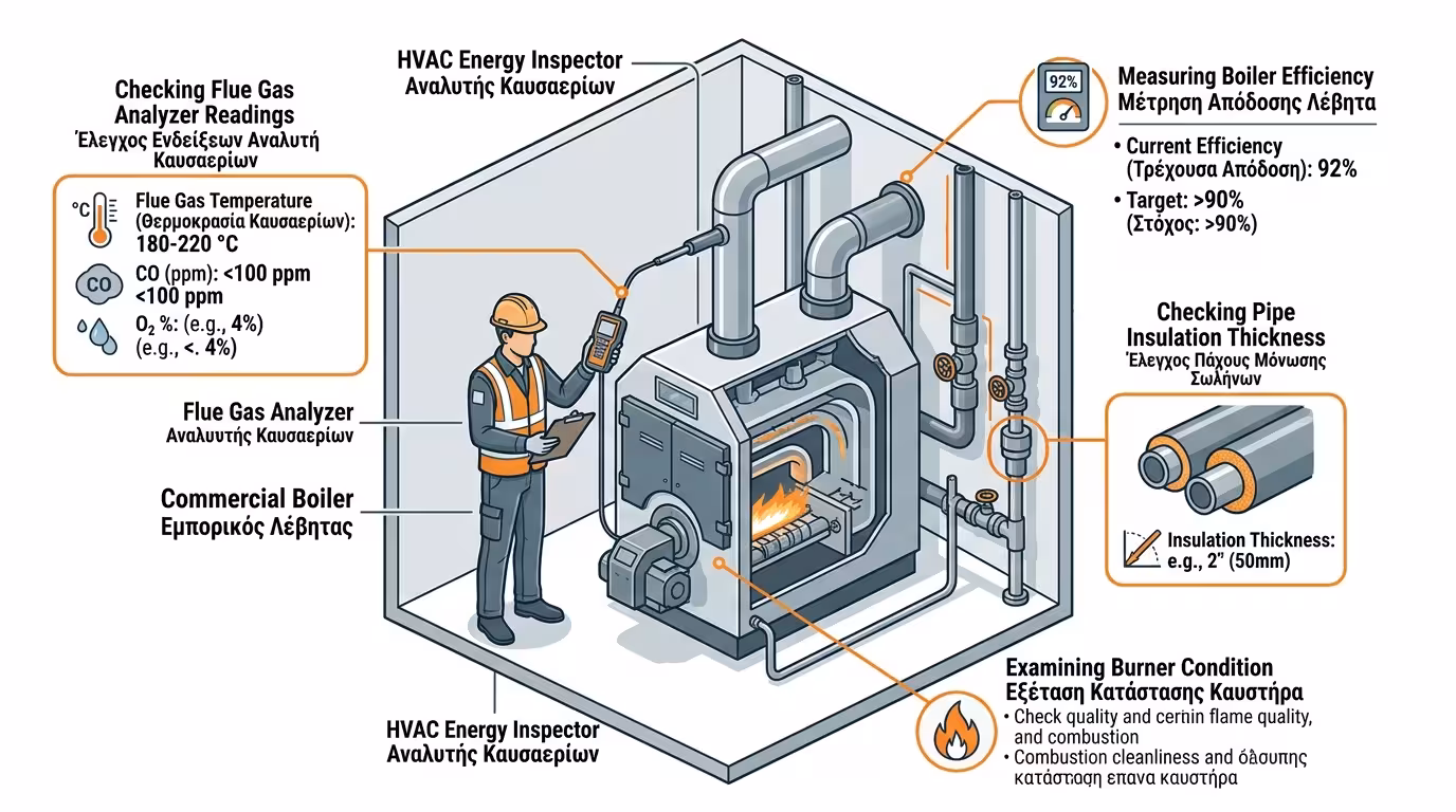Ενεργειακός Επιθεωρητής - λεβητοστάσιο, έλεγχος απόδοσης, μόνωση σωληνώσεων
