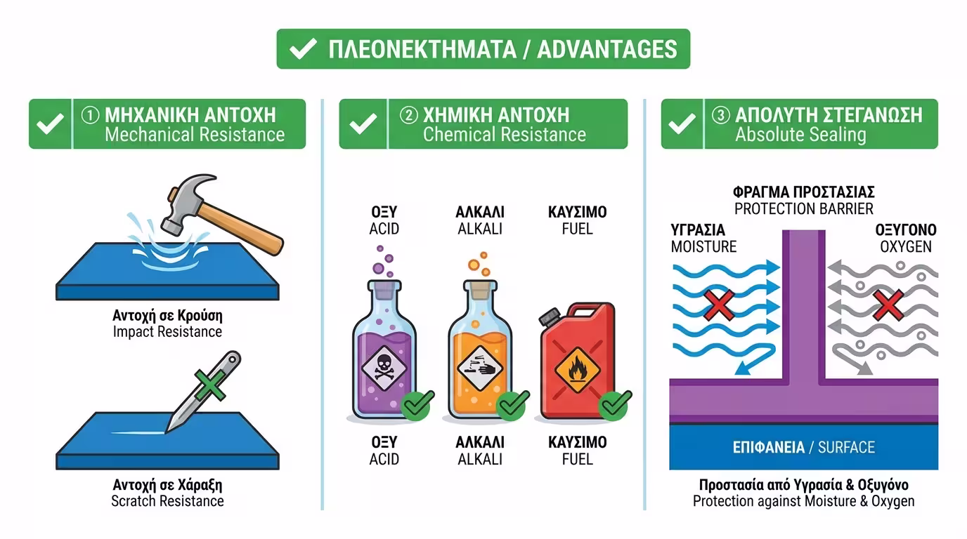 Ινφογκράφικ: 3 πλεονεκτήματα - Μηχανική αντοχή, Χημική αντοχή, Απόλυτη σφράγιση.