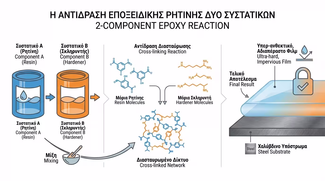Ινφογκράφικ: Εποξειδική ρητίνη (Α) + Σκληρυντής (Β) → Χημική αντίδραση → Πανίσχυρο φιλμ.