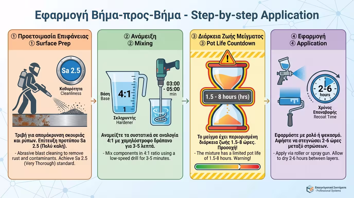Ινφογκράφικ: 3 βήματα - Αυστηρή προετοιμασία, Ανάμειξη (Pot Life), Εφαρμογή.