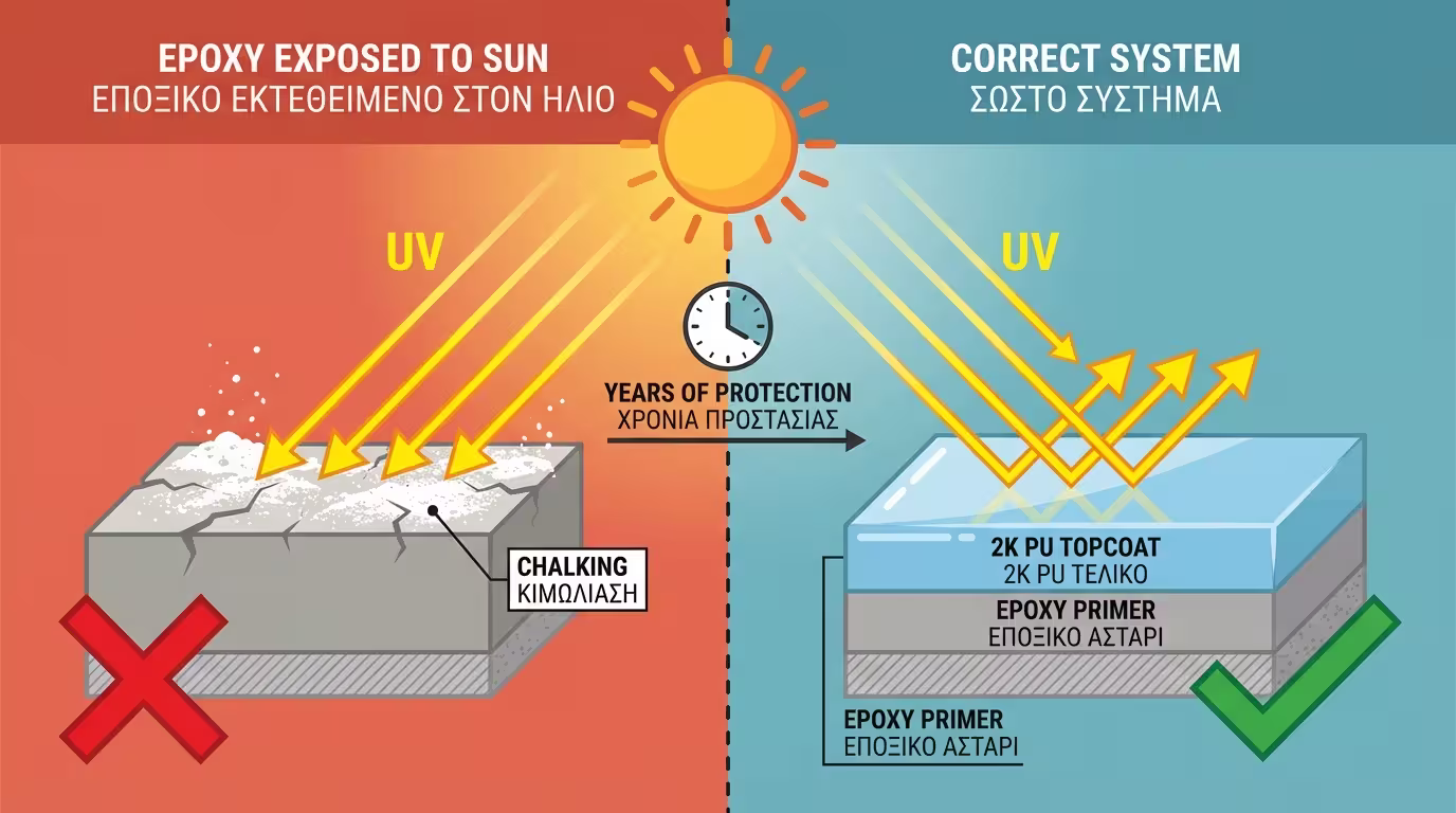 Ινφογκράφικ: Εποξειδικό σε ήλιο → κιμωλίαση/ξεθώριασμα. Λύση: εποξειδικό αστάρι + 2K PU τελικό.