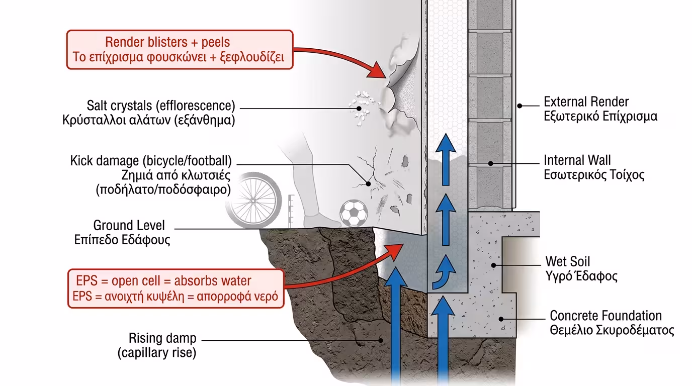 Λευκό EPS ρουφάει υγρασία στη βάση κτιρίου