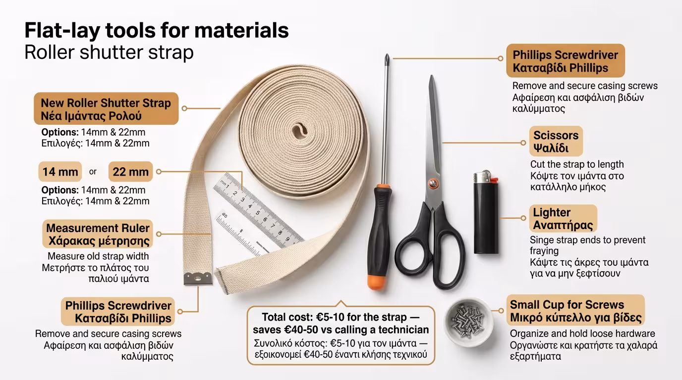 Εργαλεία για αλλαγή ιμάντα - κατσαβίδι, ψαλίδι, νέος ιμάντας