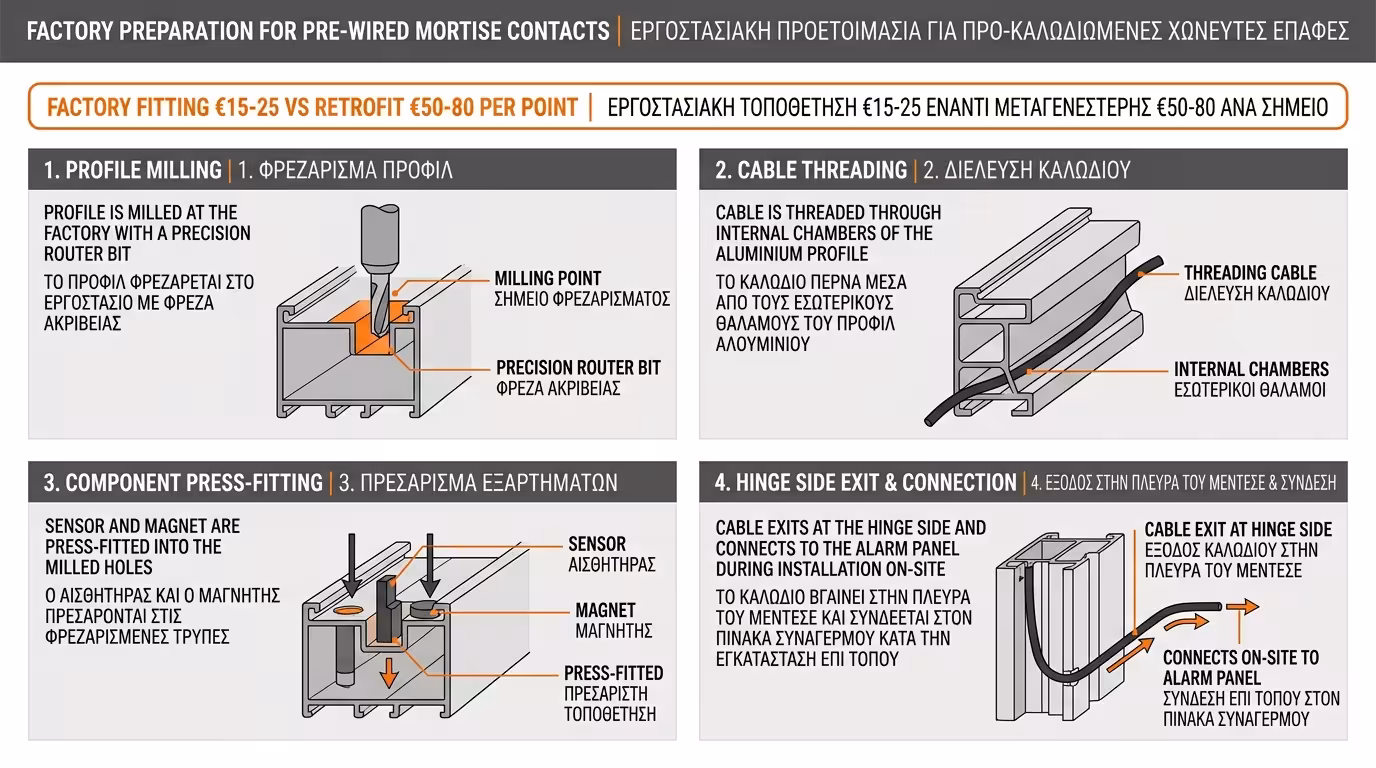 Εργοστασιακή προετοιμασία - καλώδιο αναμονής για χωνευτή μαγνητική επαφή