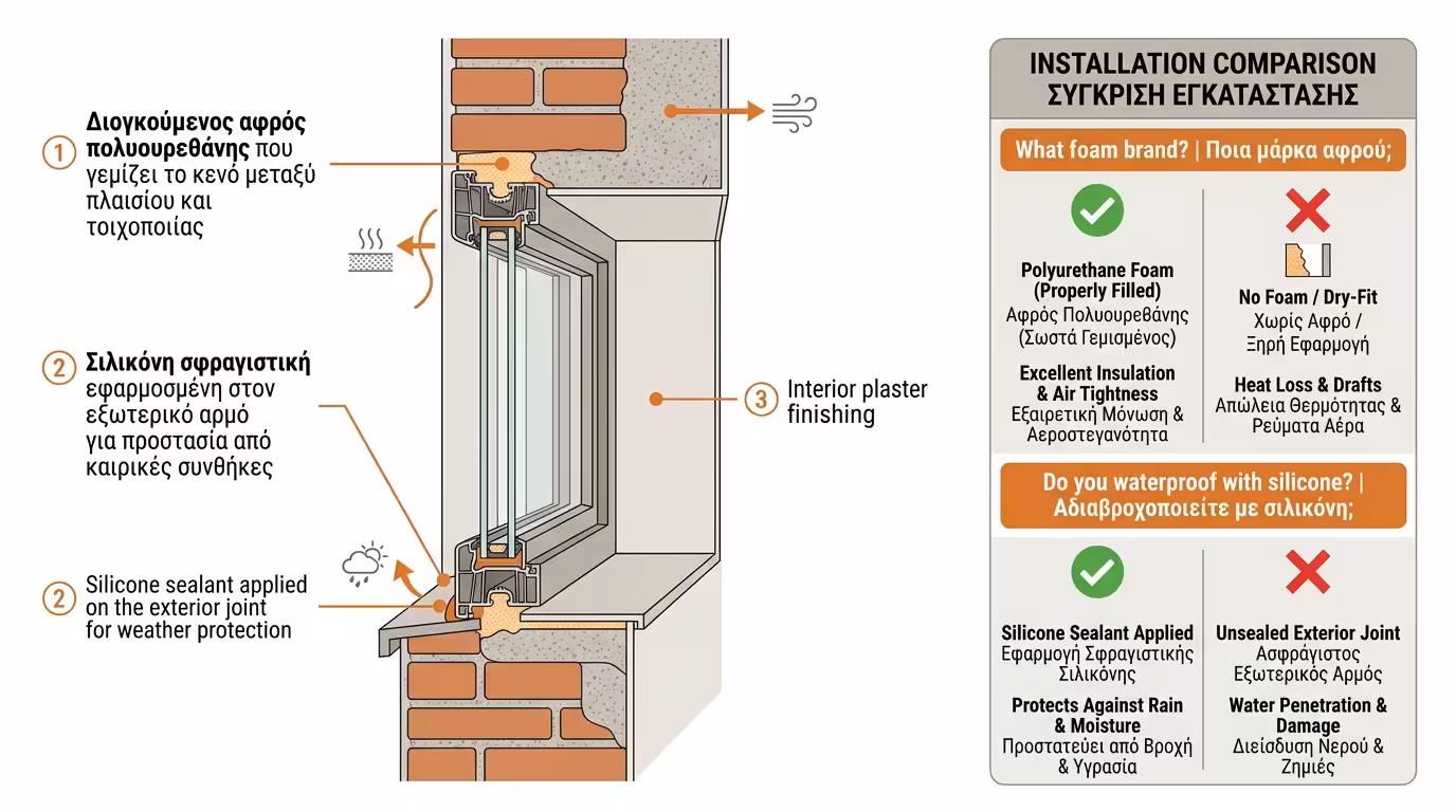 Τοποθέτηση - αφρός πολυουρεθάνης, σιλικόνη MS