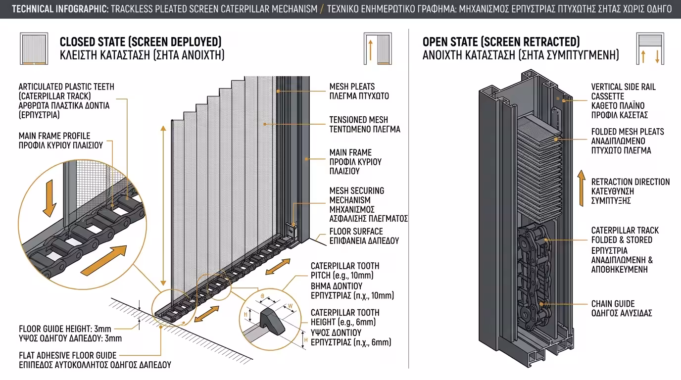 Σίτα πλισέ με ερπύστρια - χωρίς κάτω οδηγό στο πάτωμα