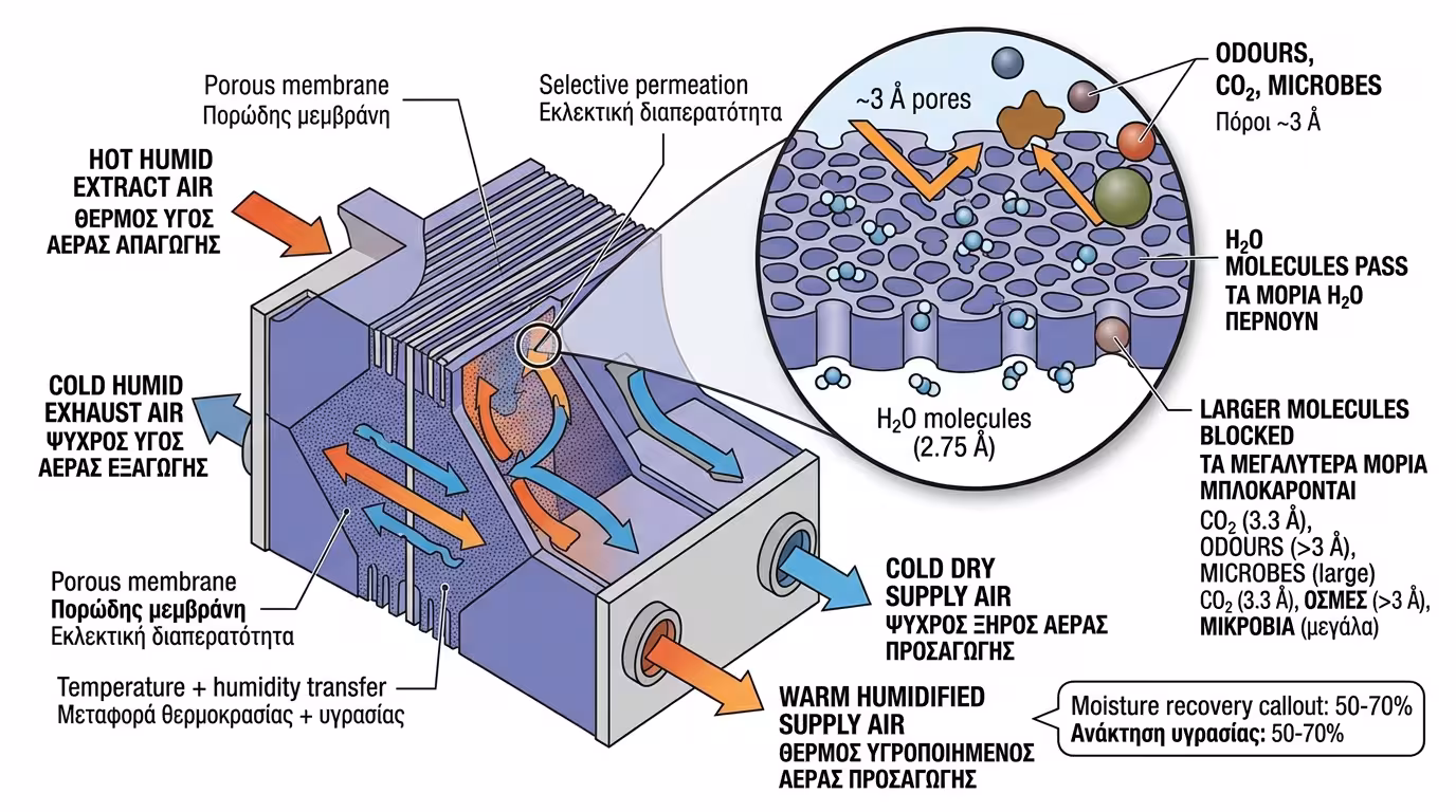 ERV ανάκτηση ενθαλπίας - πορώδης μεμβράνη, μεταφορά θερμοκρασίας και υγρασίας