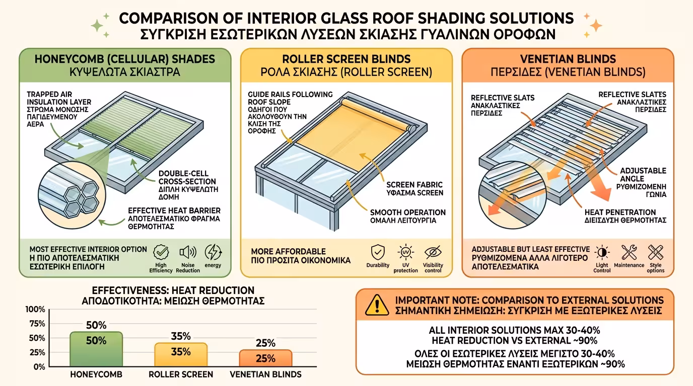 Κυψελωτές περσίδες (honeycomb shades) σε γυαλί οροφής - εσωτερική σκίαση