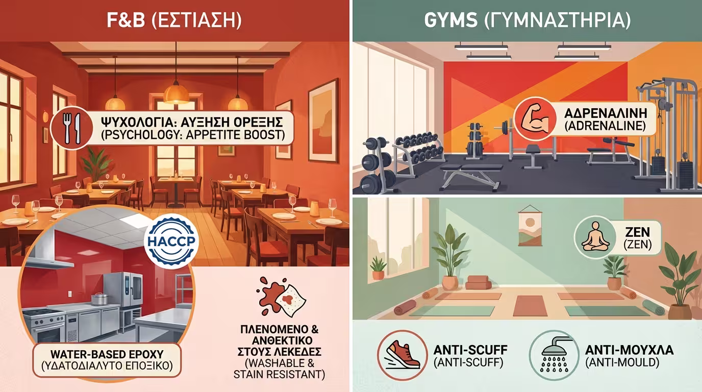 Infographic: Εστιατόρια (HACCP, εποξειδικά) & Γυμναστήρια (Anti-Scuff, αντιμουχλικά)