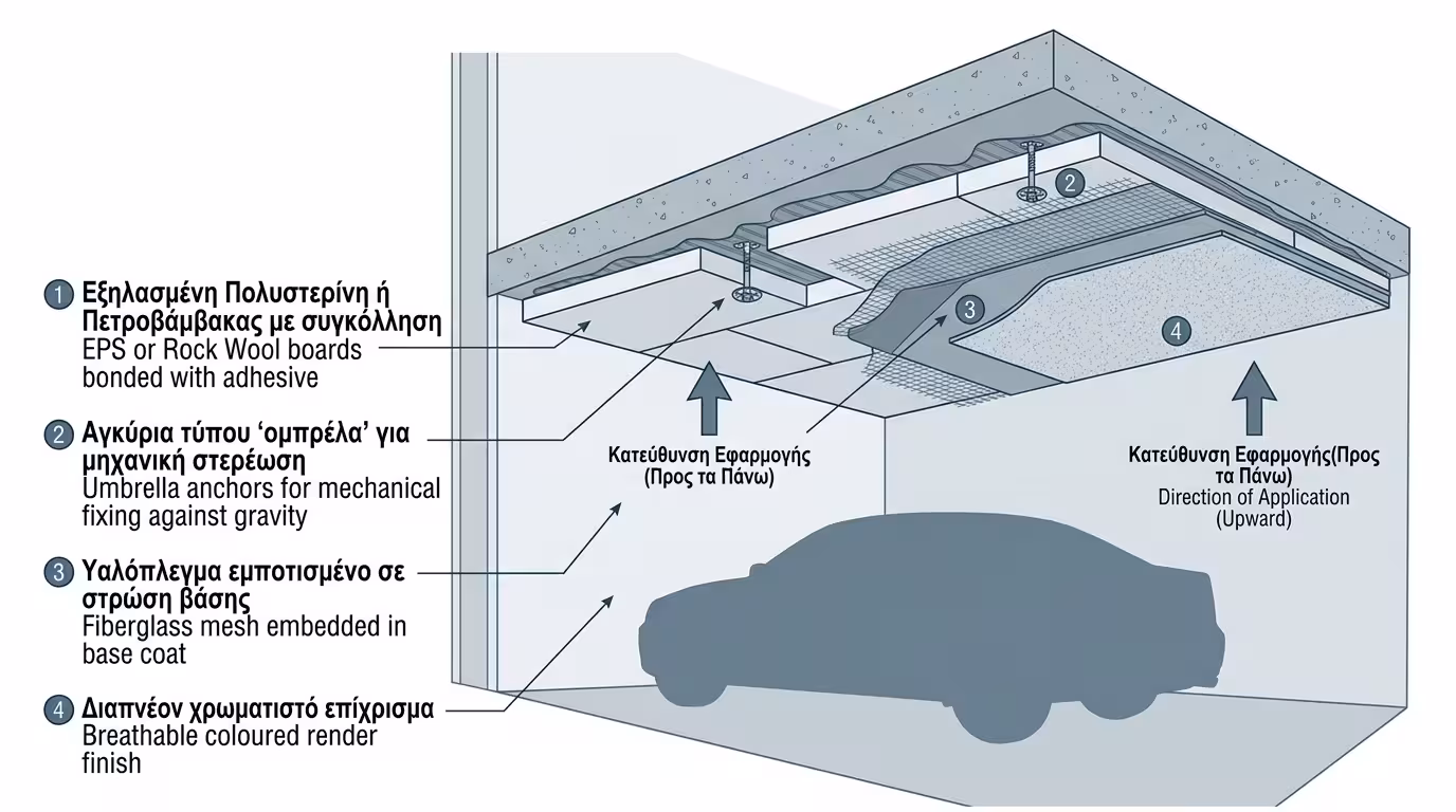 Μόνωση οροφής πιλοτής - ανάποδη θερμοπρόσοψη ETICS