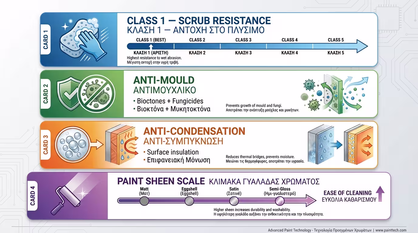 Infographic: 4 τεχνικές ιδιότητες χρωμάτων κουζίνας-μπάνιου - Class 1, αντιμουχλική δράση, anti-condensation, γυαλάδα