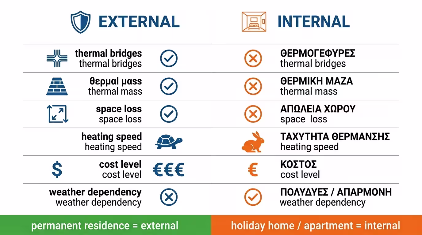 Σύγκριση εξωτερικής και εσωτερικής μόνωσης - ετυμηγορία