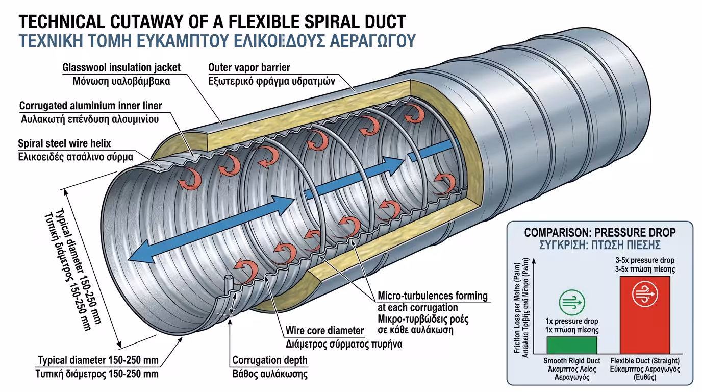 Εύκαμπτος αεραγωγός σπιράλ - εσωτερικές αυλακώσεις, πτώση πίεσης