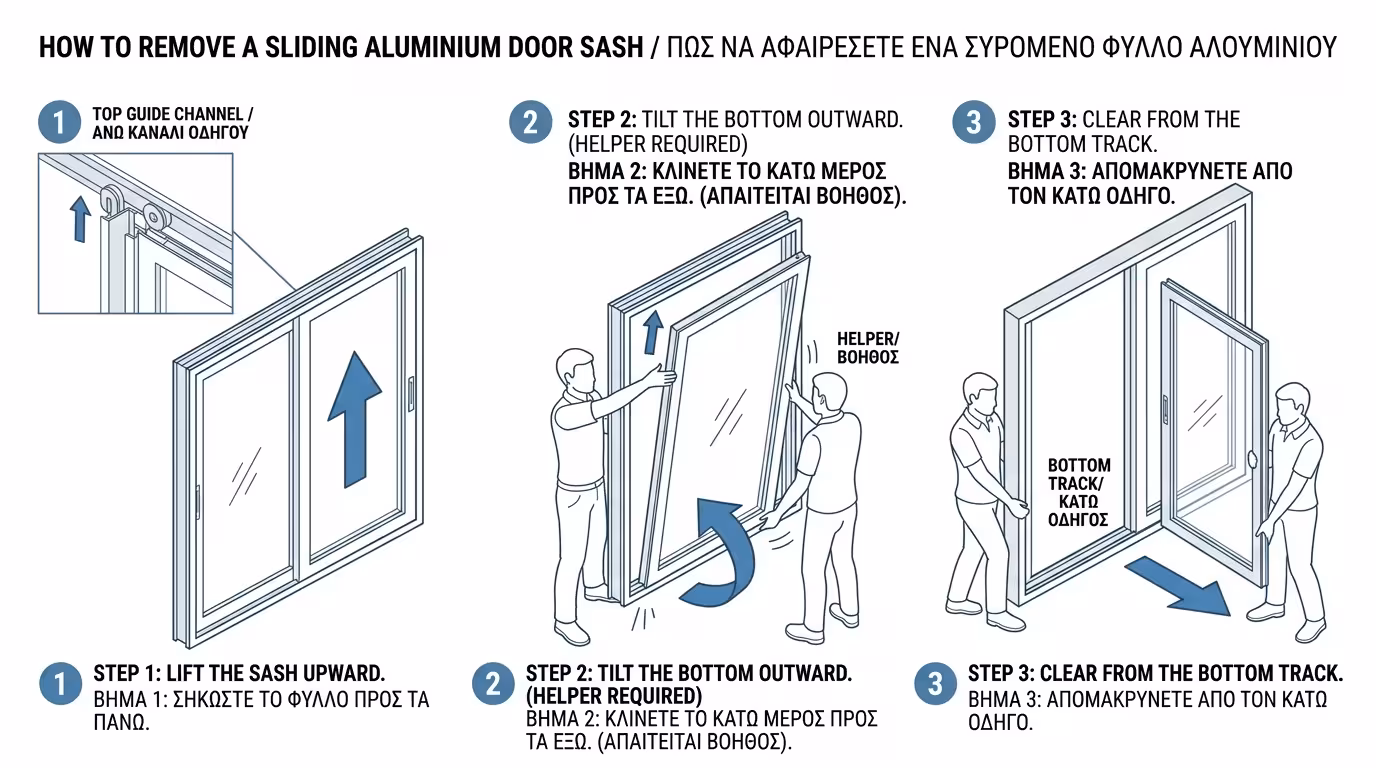 Εξαγωγή φύλλου συρόμενης πόρτας από τον κάτω οδηγό με βοηθό