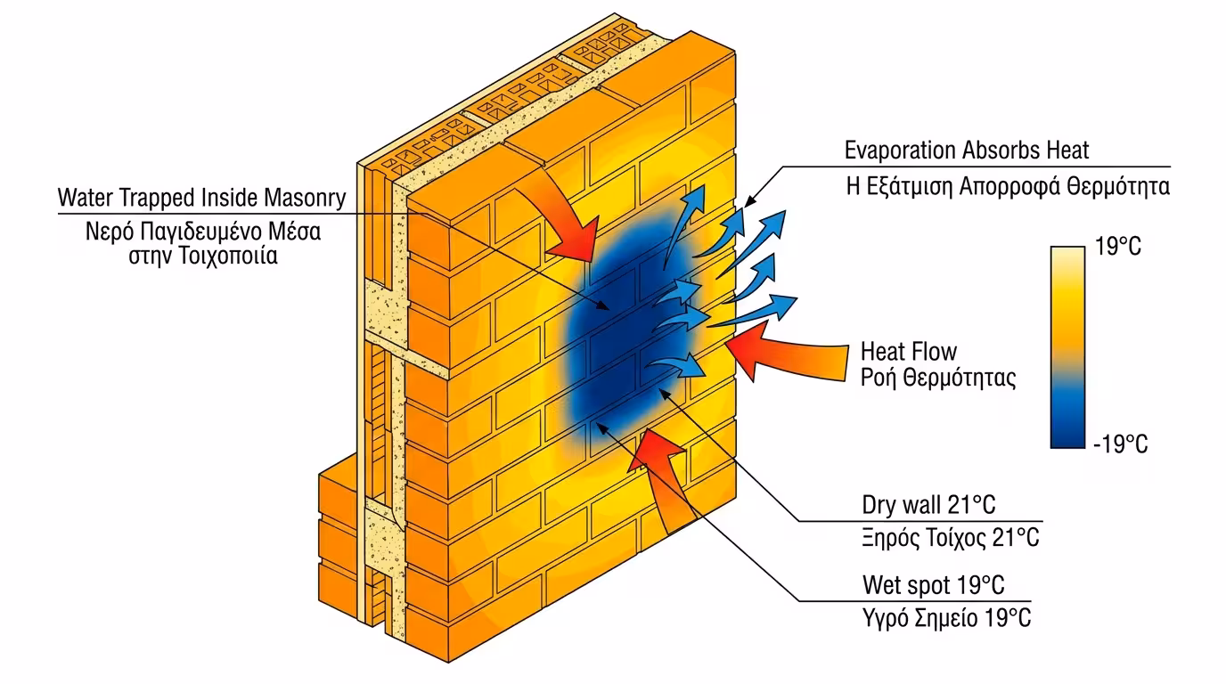 Εξάτμιση νερού - βρεγμένο σημείο 1-2°C ψυχρότερο, φαίνεται σκούρο μπλε
