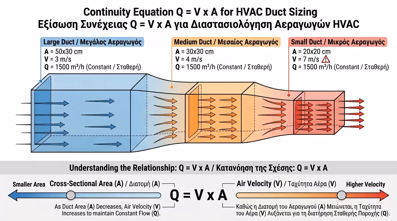 Εξίσωση συνέχειας - παροχή, ταχύτητα, διατομή αεραγωγού HVAC