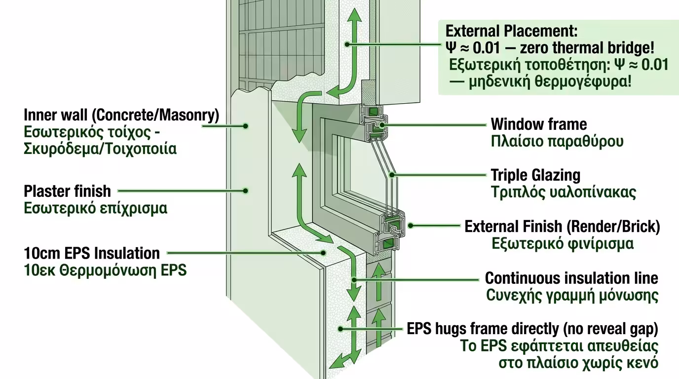 Εξωτερική τοποθέτηση παραθύρου - κάσα στο πάχος της μόνωσης