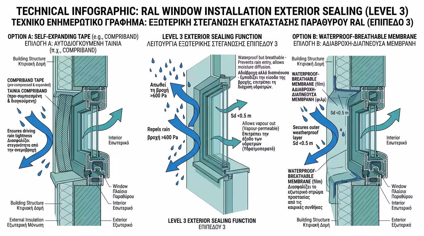 Εξωτερικό επίπεδο RAL - διαπνέουσα μεμβράνη υδατοστεγανότητας στον εξωτερικό αρμό κουφώματος