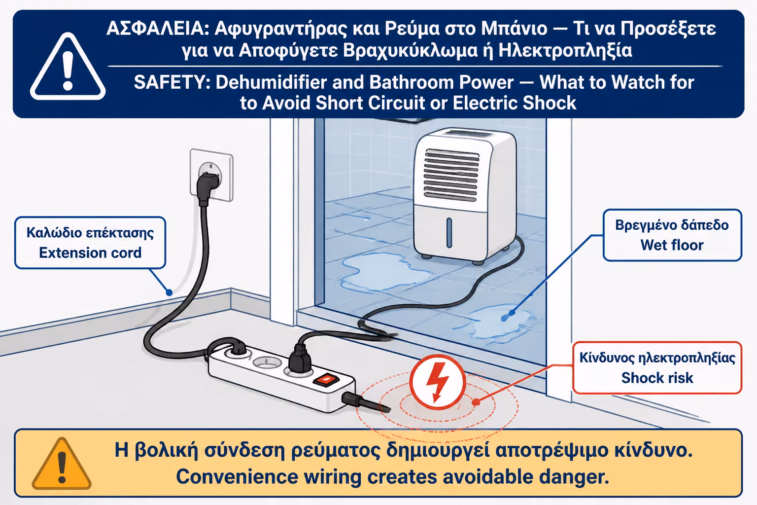 Εικονογράφηση για 8. Μην χρησιμοποιείτε προεκτάσεις και πολύπριζα στο μπάνιο