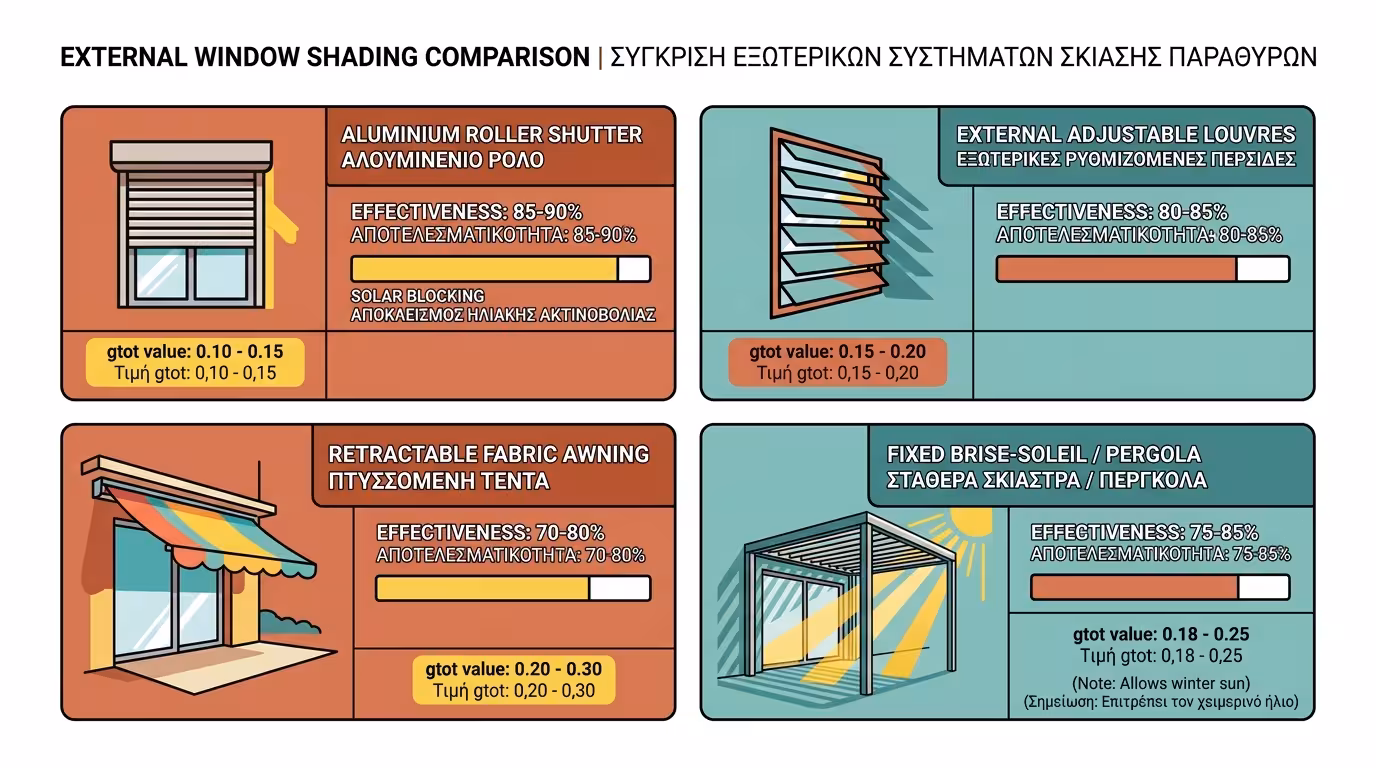 Σύγκριση εξωτερικών σκιάστρων: ρολό, περσίδες, τέντα, brise-soleil