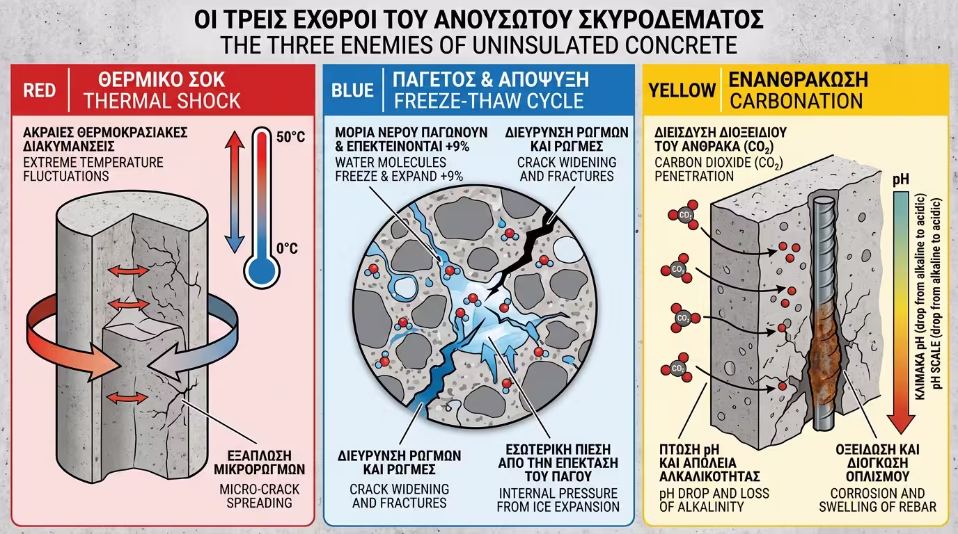 Οι 3 αόρατοι εχθροί του αμόνωτου σκυροδέματος - θερμικό σοκ, παγετός, ενανθράκωση