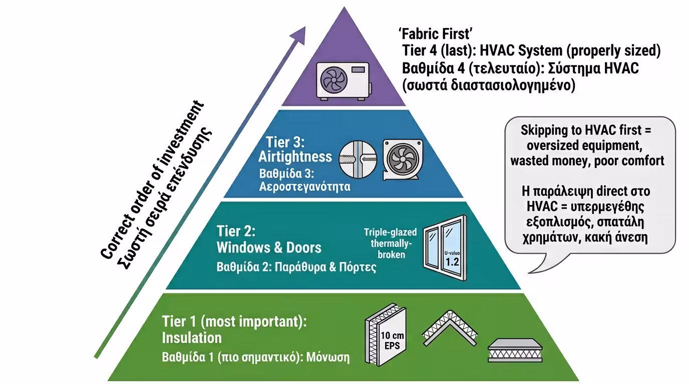 Fabric First - σειρά επενδύσεων: μόνωση, κουφώματα, θερμοπρόσοψη, HVAC