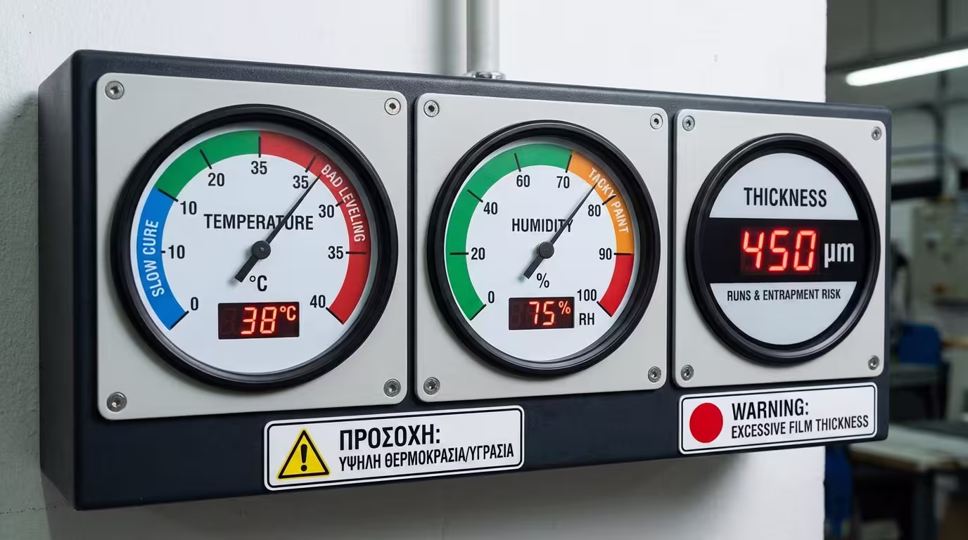 Ινφογκράφικ: θερμόμετρο (κρύο = αργό, ζέστη >35°C = κακό leveling), υγρόμετρο (>70-80% = κολλώδες), πάχος στρώσης (παχύ = τρεξίματα) (ελληνικά και αγγλικά)