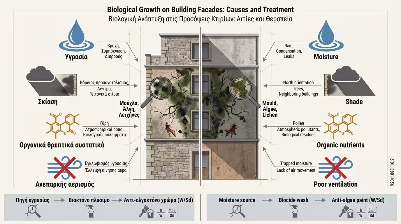 Βιολογική ανάπτυξη σε όψεις: παράγοντες υγρασίας, σκίασης, οργανικής τροφής και αντιμετώπιση