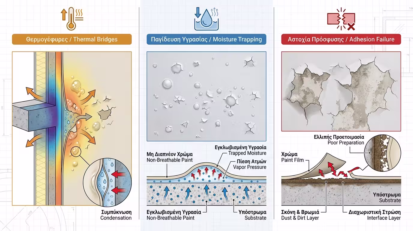 Τρεις τύποι φουσκωμάτων/αποφλοιώσεων: θερμογέφυρες, παγίδευση υγρασίας, αστοχία πρόσφυσης