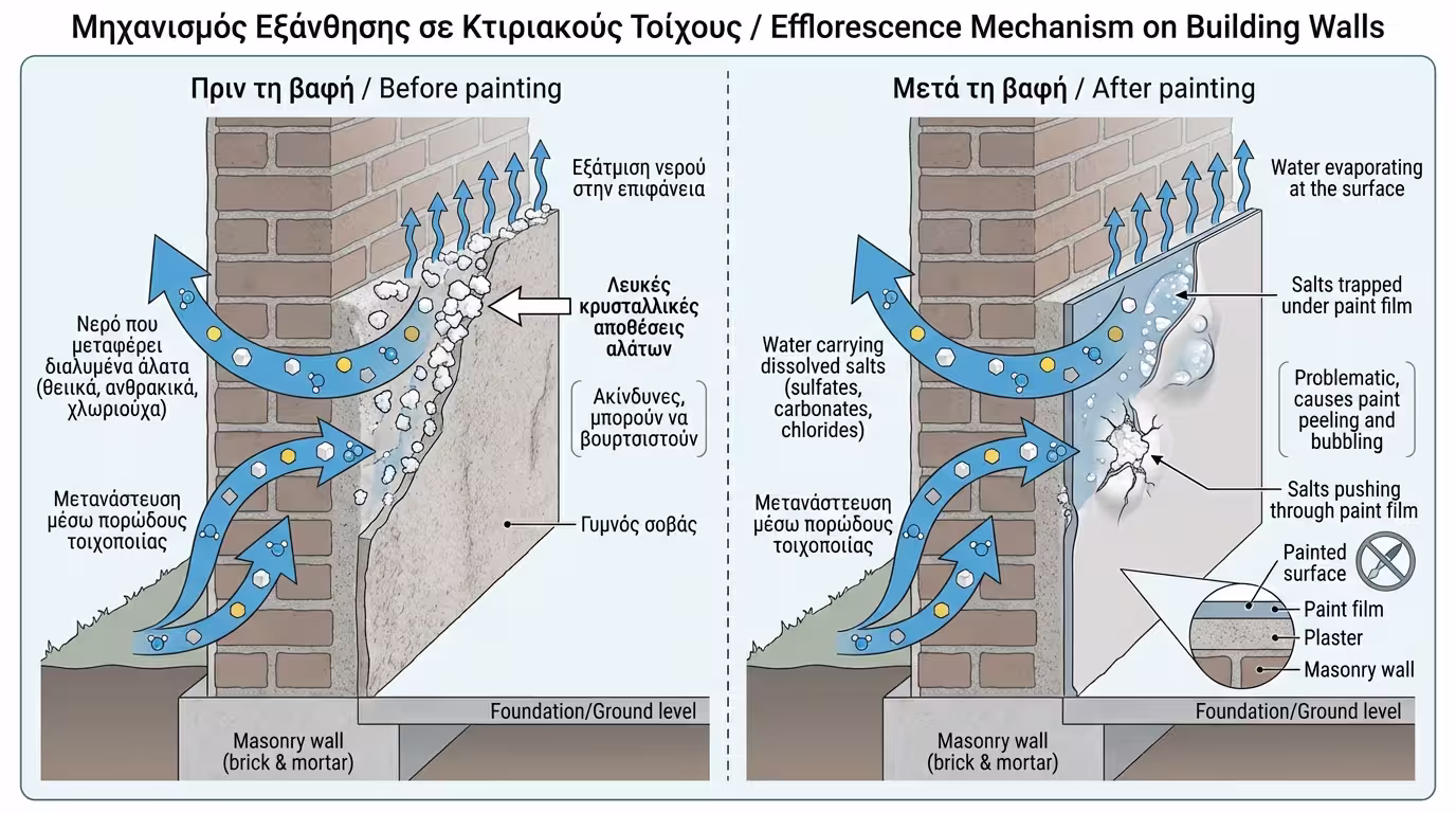Μηχανισμός αλατώσεων: μεταφορά αλάτων μέσω υγρασίας στην επιφάνεια , πριν και μετά τη βαφή