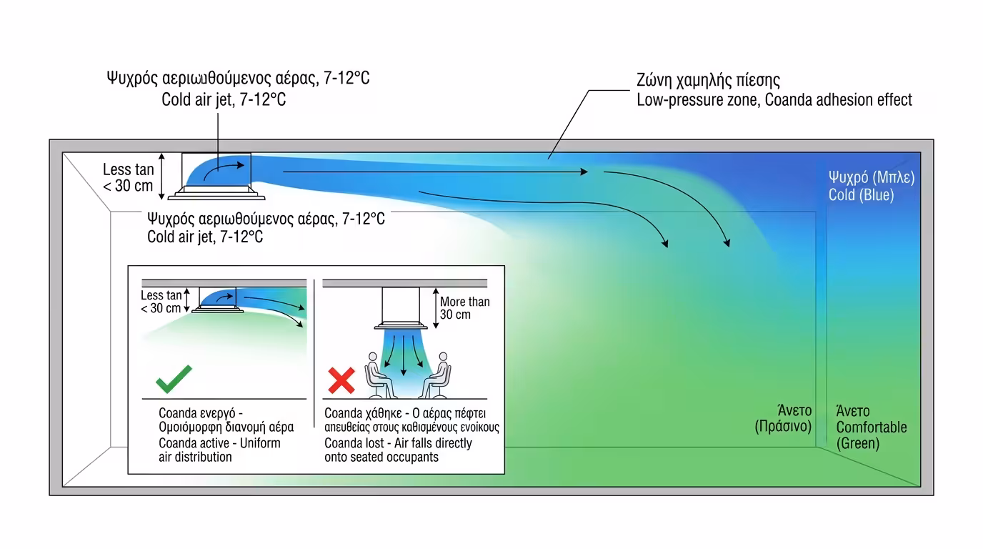 Φαινόμενο Coanda - ψυχρός αέρας κολλάει στην οροφή κλιματισμός
