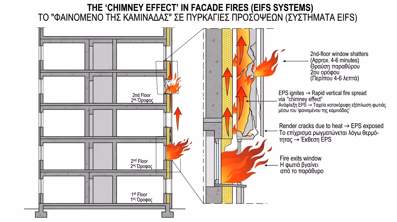 Φαινόμενο καμινάδας: η φωτιά τρέχει κάθετα στην πρόσοψη με EPS