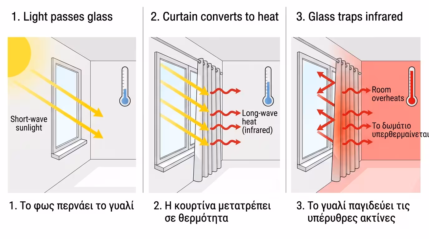 Φαινόμενο θερμοκηπίου στο σπίτι - τζάμι αφήνει φως, κουρτίνα μετατρέπει σε ζέστη, εγκλωβισμός υπερύθρων