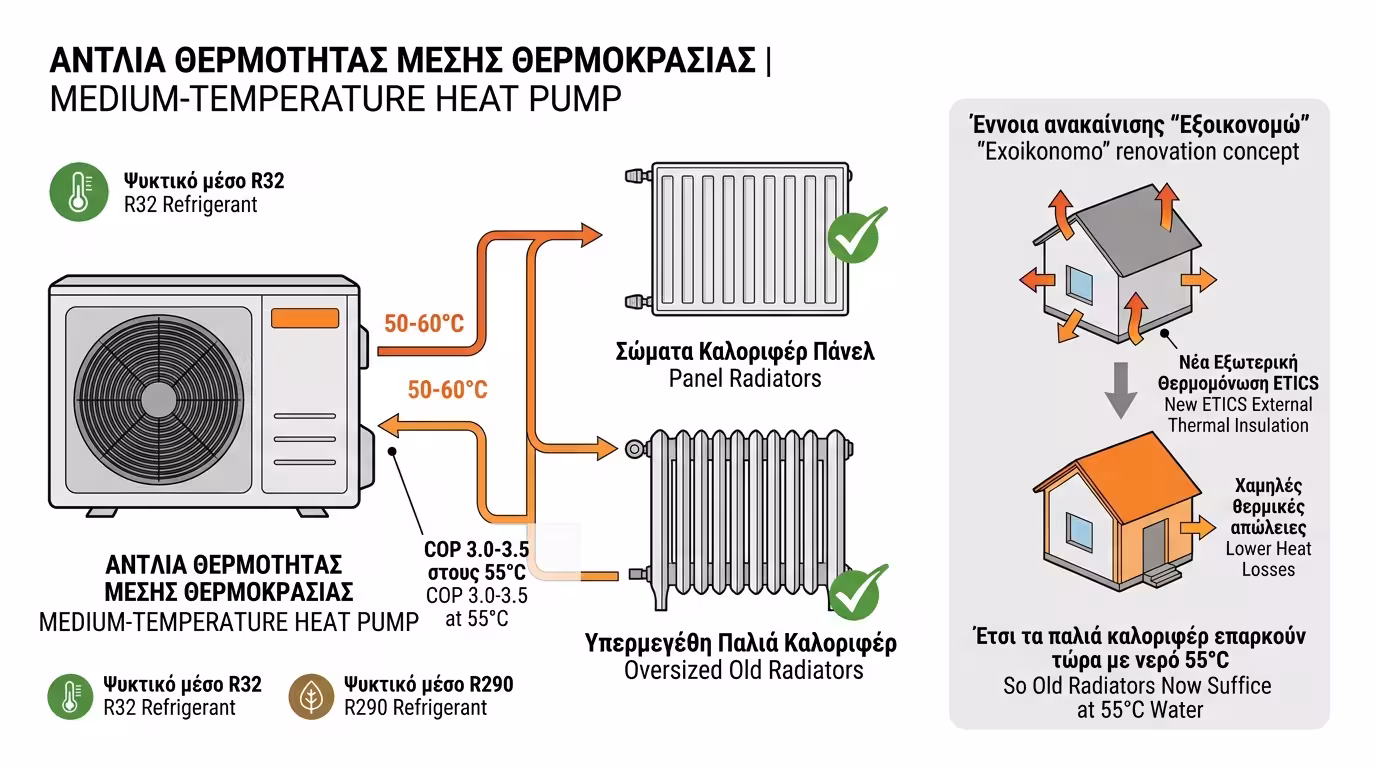 Αντλία μεσαίων θερμοκρασιών με σώματα πάνελ και θερμοπρόσοψη